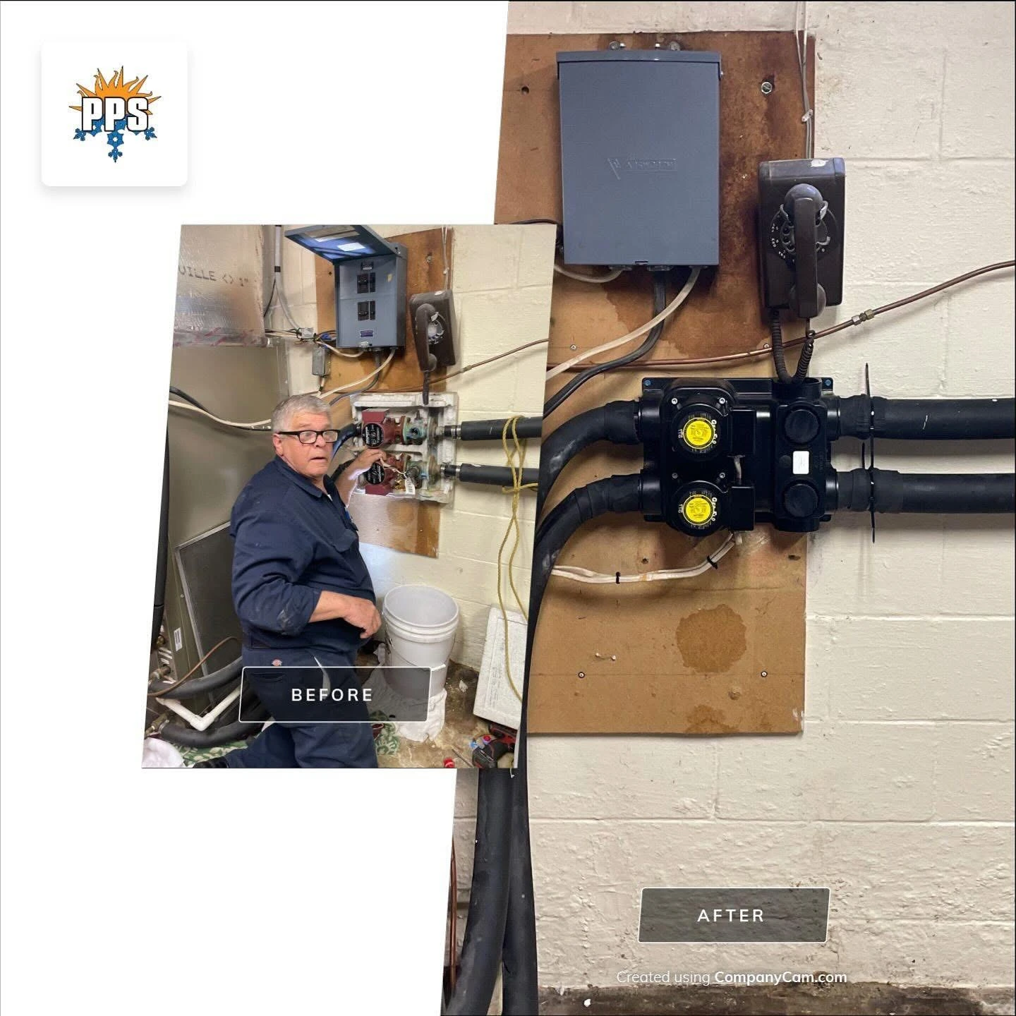 Before and after of a corroded geothermal flow center and pump replaced with a clean new pump pack by Polley's Perfect Seasons in Plainfield, IN