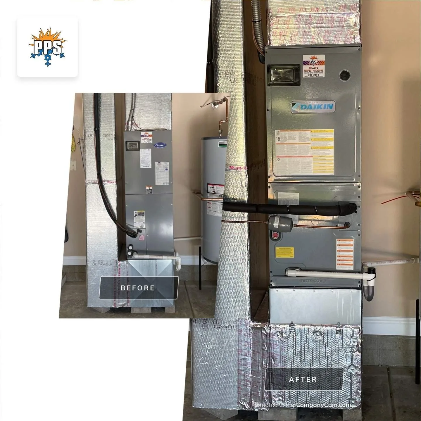 Before and after of a high-efficiency Daikin furnace install in a central Indiana home