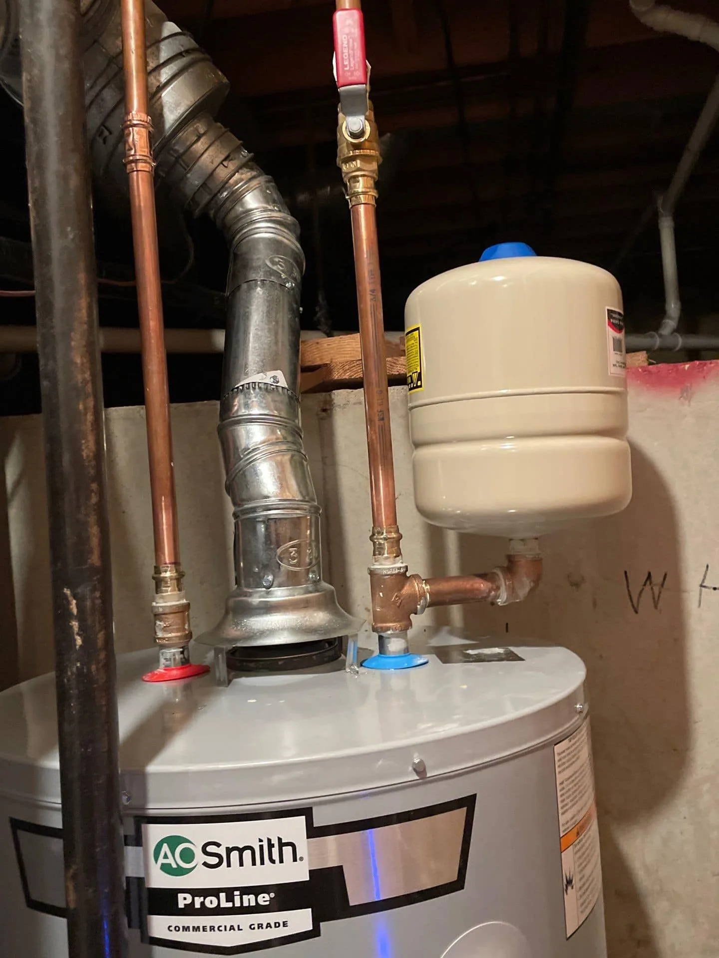 New AO Smith ProLine tank water heater installed with expansion tank in Plainfield, IN