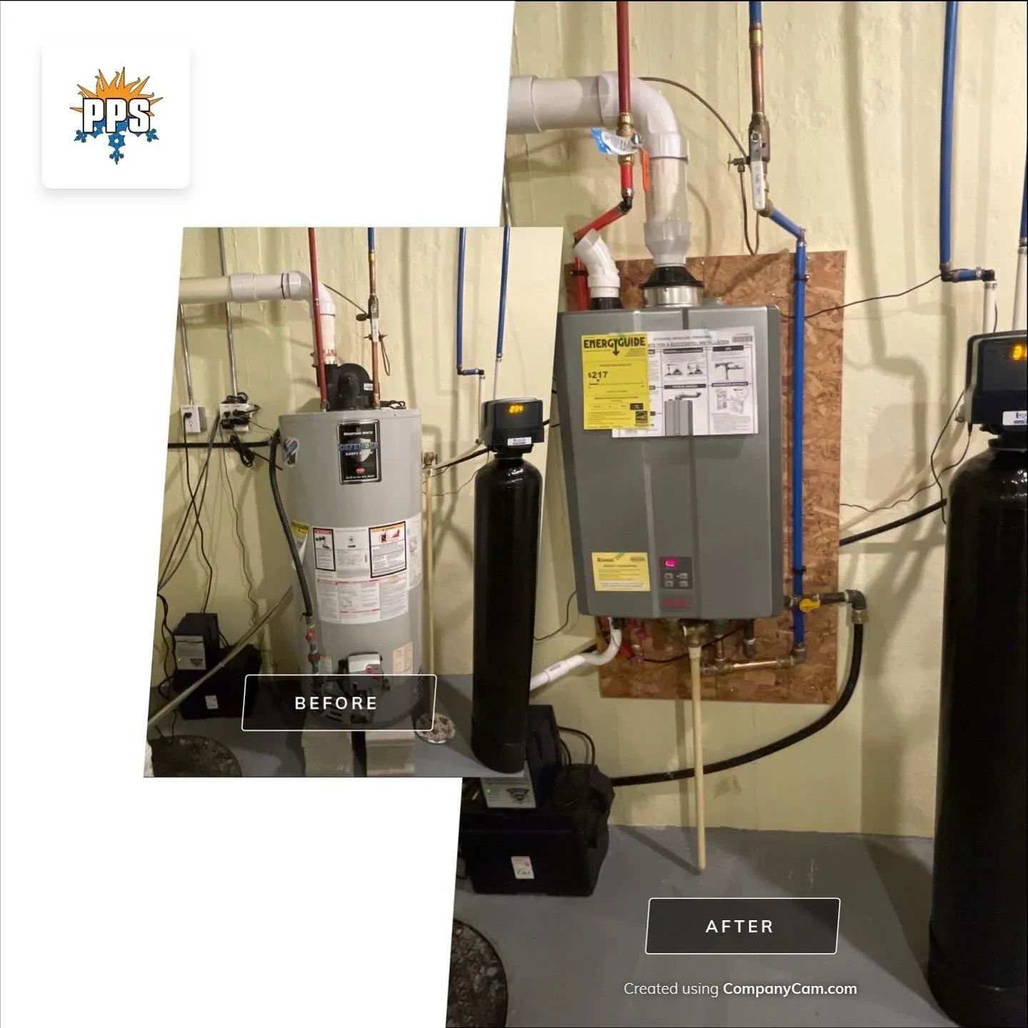 Before-and-after: old leaking tank water heater replaced with a new Rinnai tankless unit by Polley's Perfect Seasons in Plainfield, IN